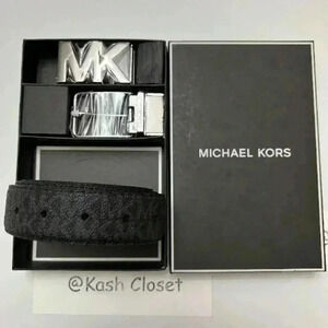 Michael Kors Mens Belt Set 4 in 1 Reversible MK Signature Gift Box Black